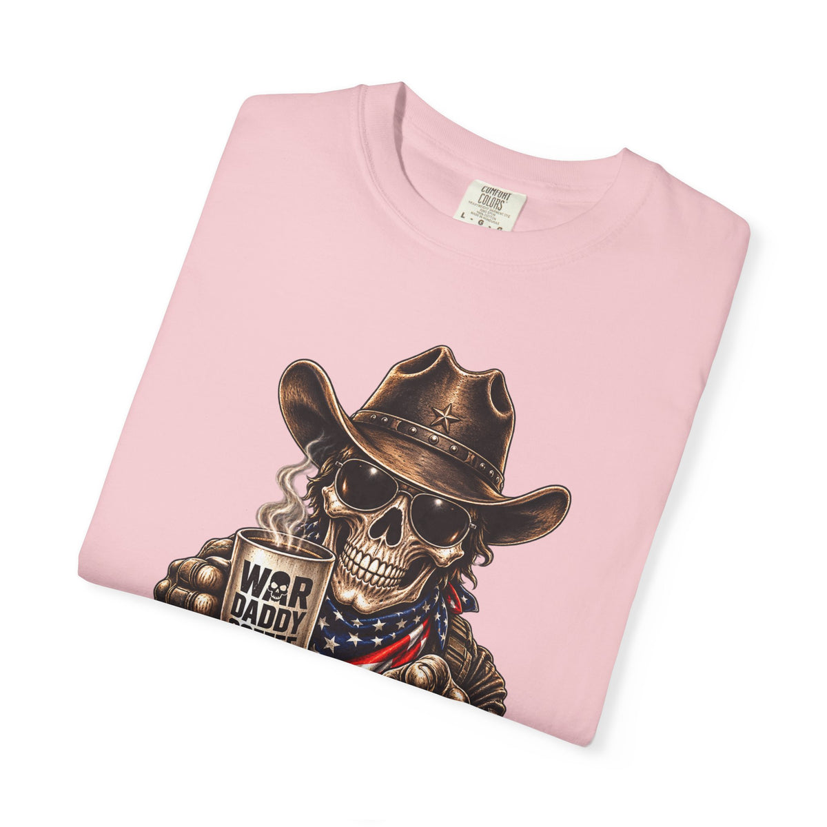 Skull Cowboy T-Shirt — "War, Baby & Coffee" American Flag Graphic