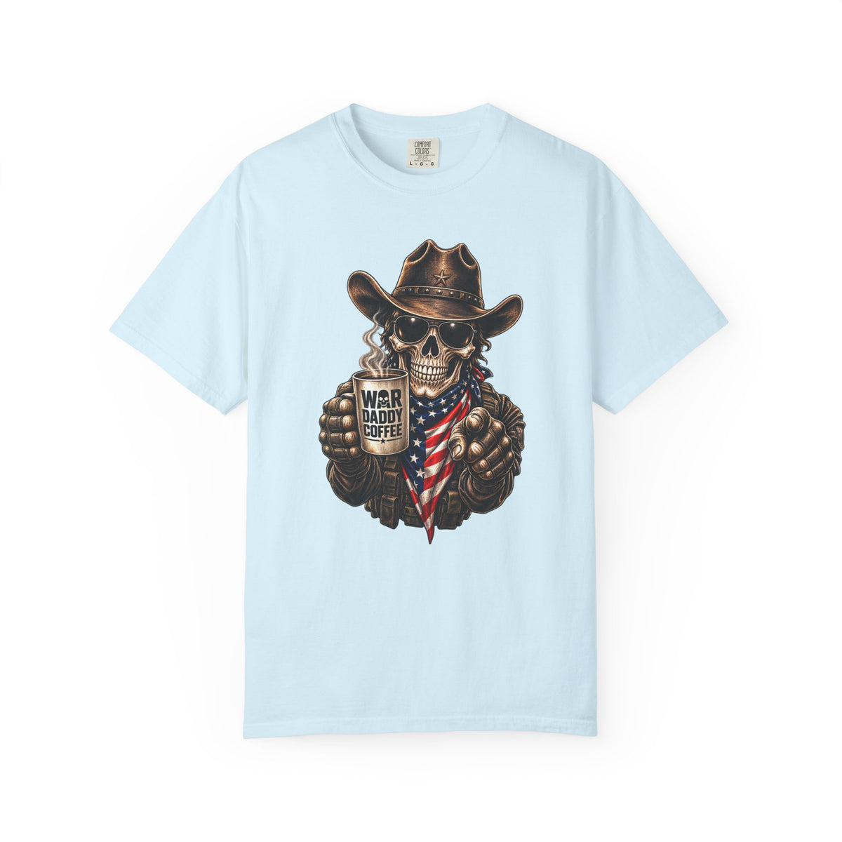 Skull Cowboy T-Shirt — "War, Baby & Coffee" American Flag Graphic