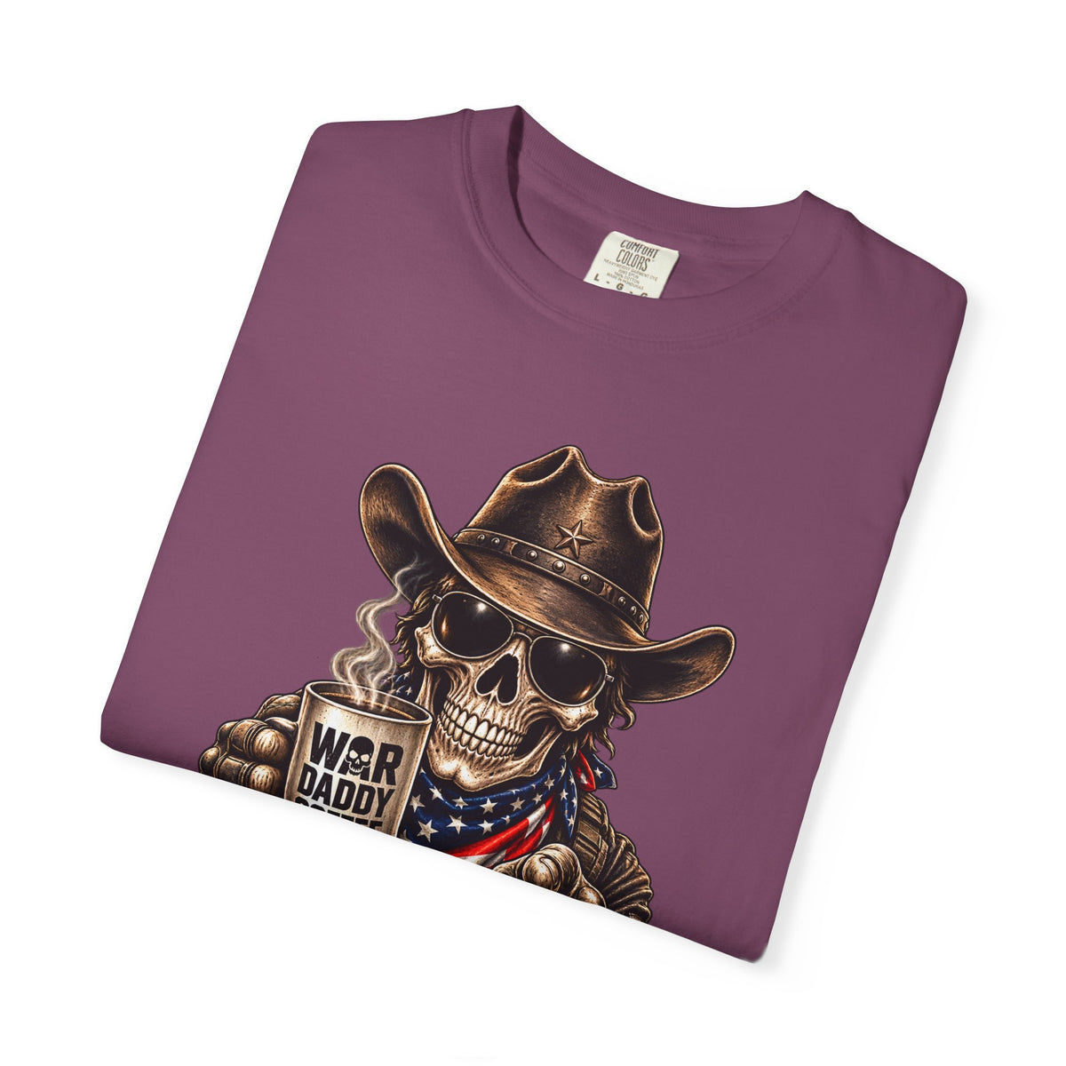 Skull Cowboy T-Shirt — "War, Baby & Coffee" American Flag Graphic