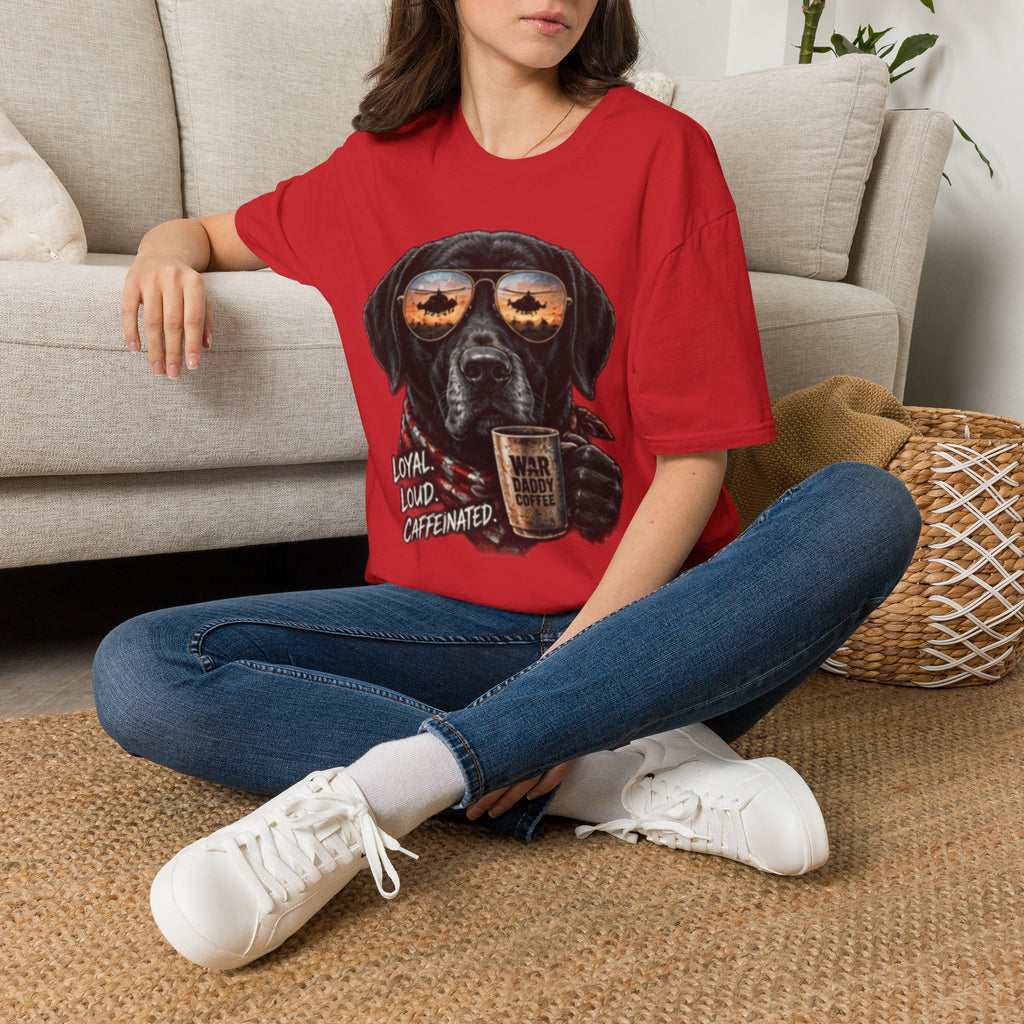 Black Labrador T-Shirt — Coffee & Sunset Sunglasses Dog Tee