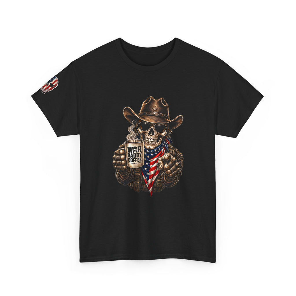 Patriotic Cowboy Skull T-Shirt — "Warrior Coffee" Graphic Tee