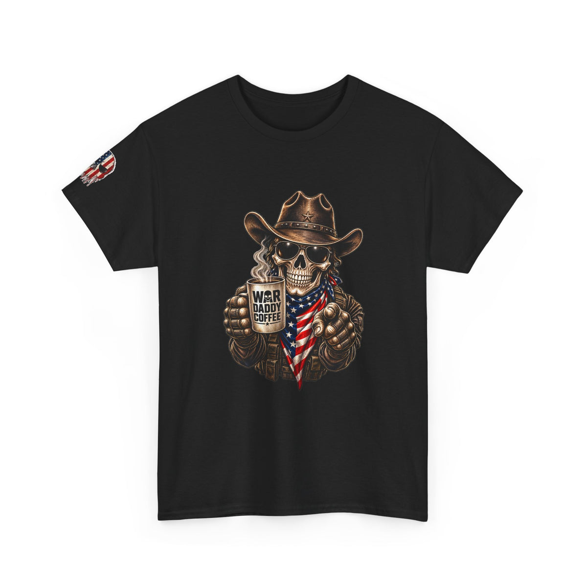 Patriotic Cowboy Skull T-Shirt — "Warrior Coffee" Graphic Tee