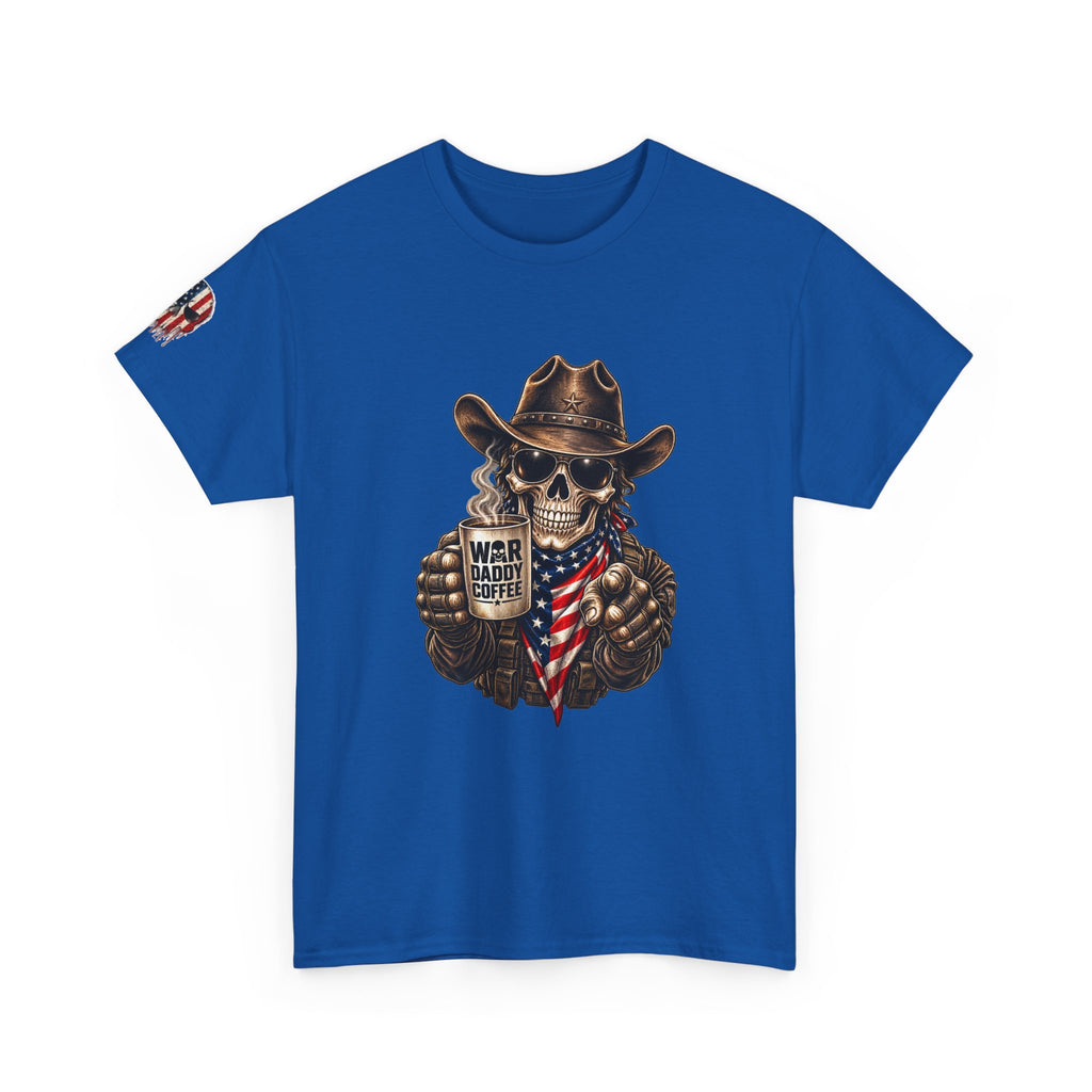 Patriotic Cowboy Skull T-Shirt — "Warrior Coffee" Graphic Tee