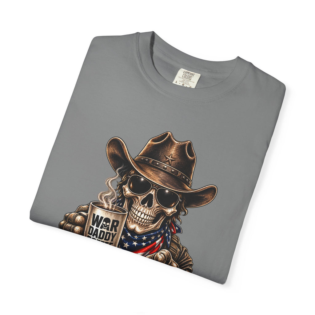 Skull Cowboy T-Shirt — "War, Baby & Coffee" American Flag Graphic