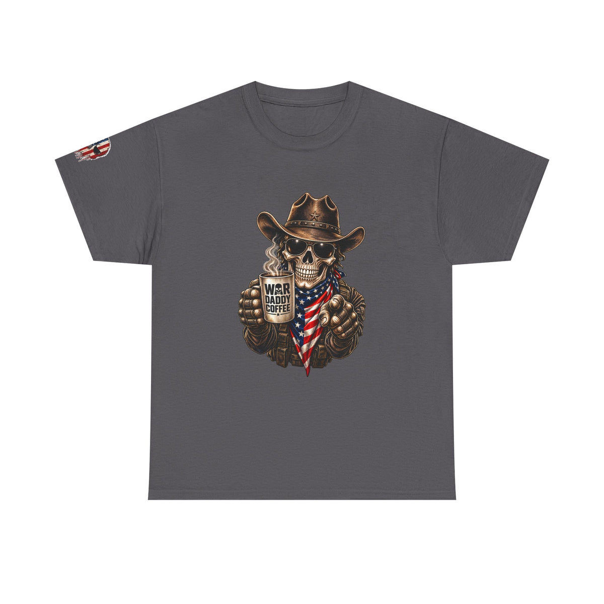 Patriotic Cowboy Skull T-Shirt — "Warrior Coffee" Graphic Tee