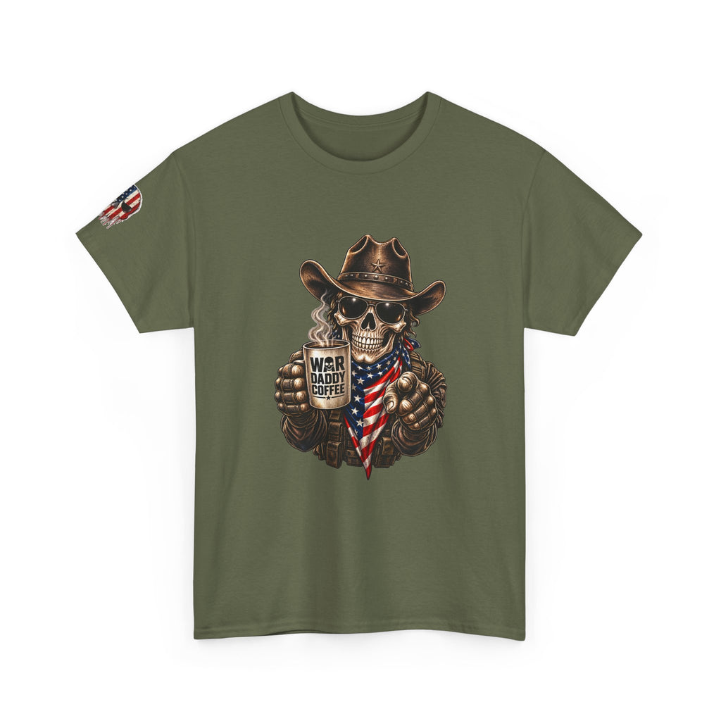 Patriotic Cowboy Skull T-Shirt — "Warrior Coffee" Graphic Tee