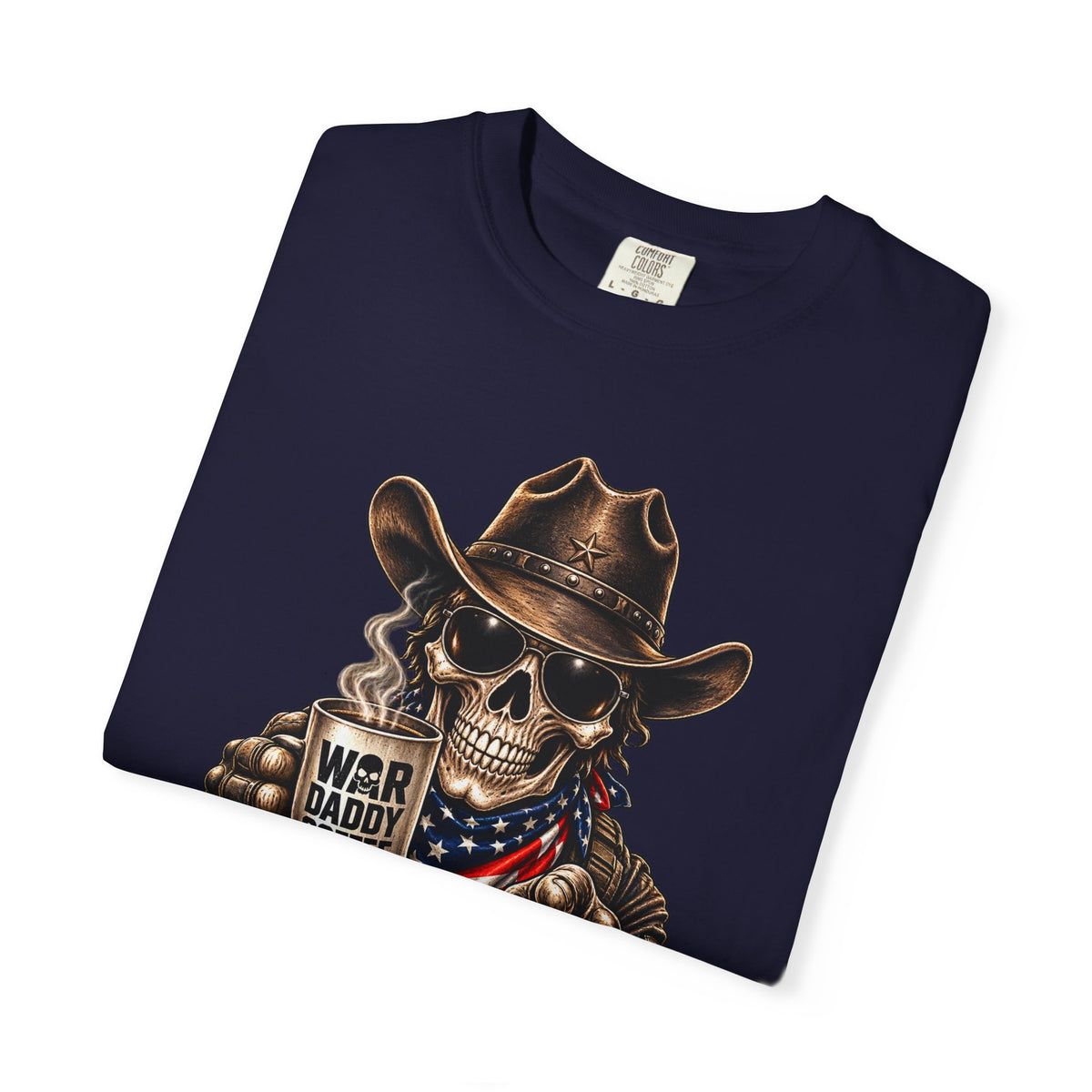 Skull Cowboy T-Shirt — "War, Baby & Coffee" American Flag Graphic