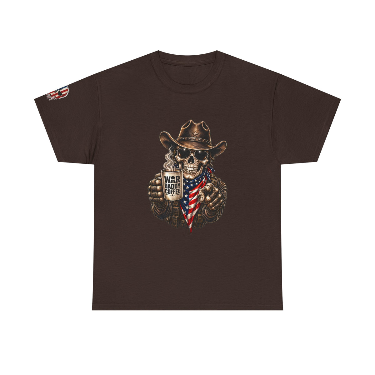 Patriotic Cowboy Skull T-Shirt — "Warrior Coffee" Graphic Tee