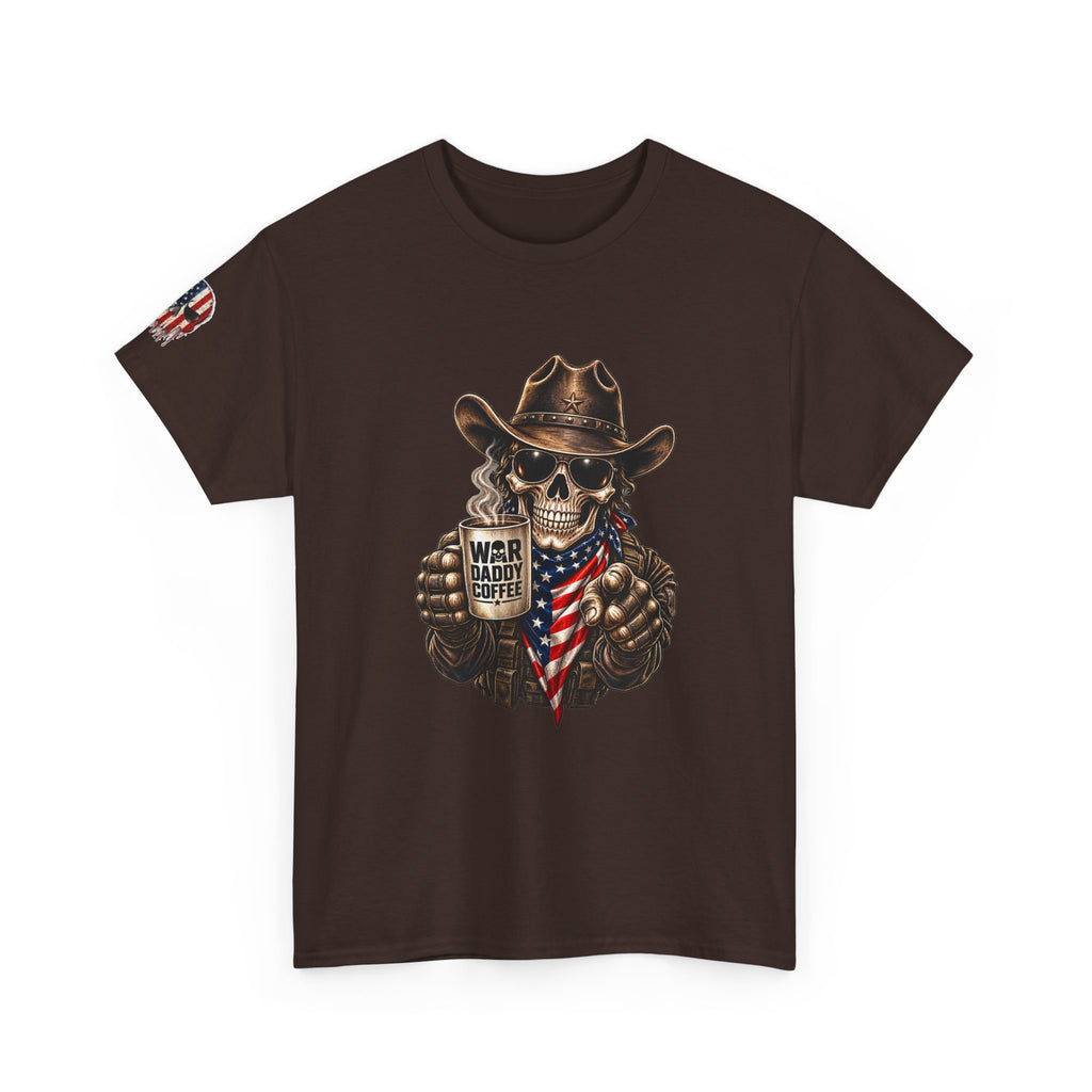 Patriotic Cowboy Skull T-Shirt — "Warrior Coffee" Graphic Tee