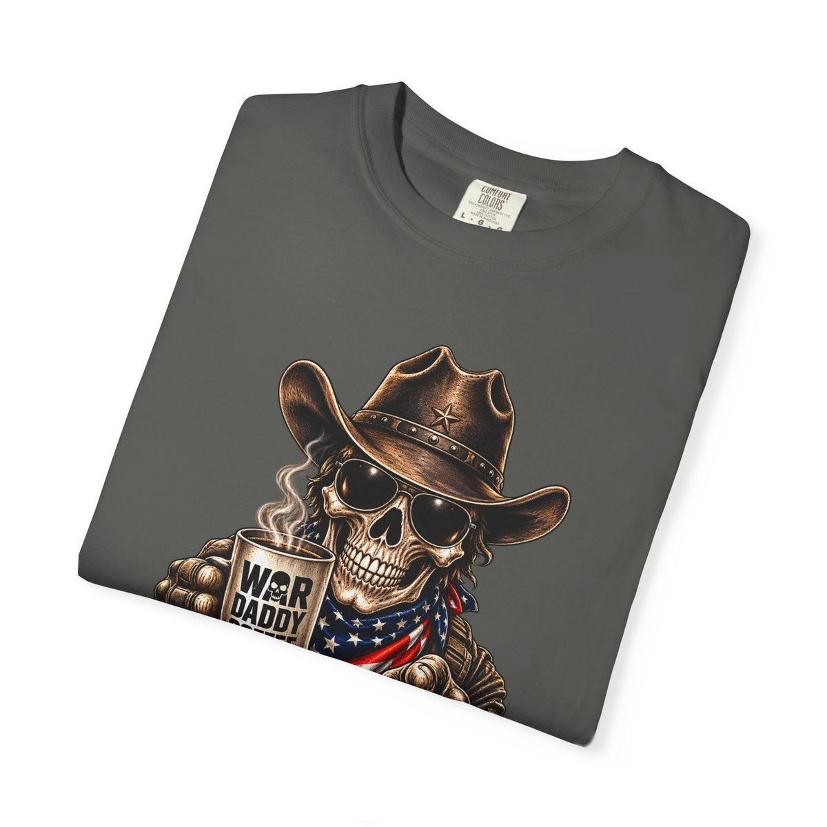 Skull Cowboy T-Shirt — "War, Baby & Coffee" American Flag Graphic