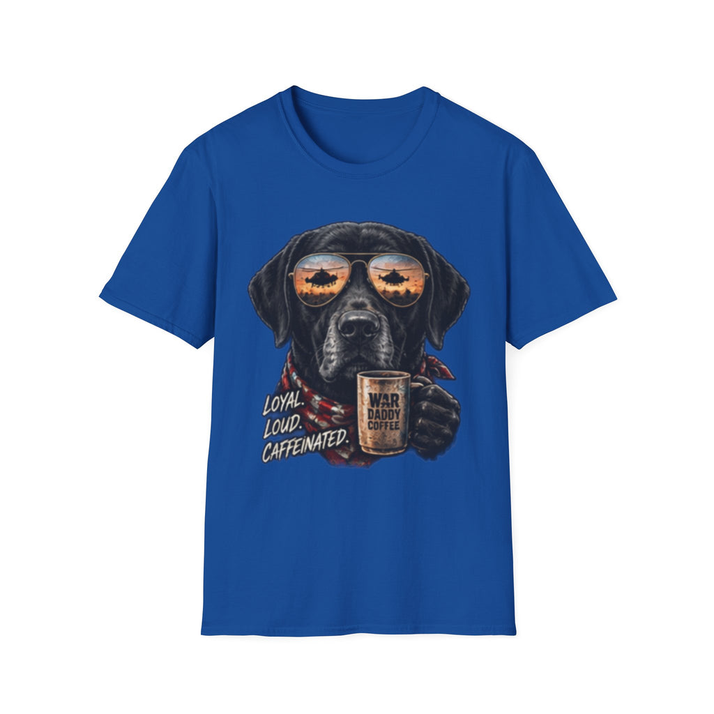 Black Labrador T-Shirt — Coffee & Sunset Sunglasses Dog Tee