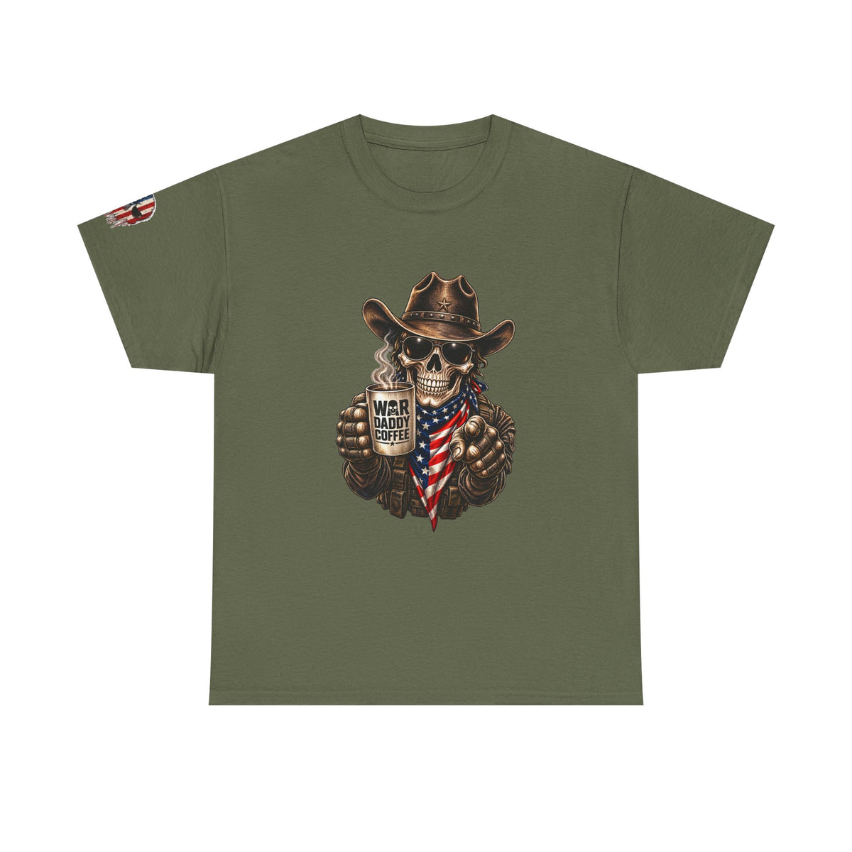 Patriotic Cowboy Skull T-Shirt — "Warrior Coffee" Graphic Tee