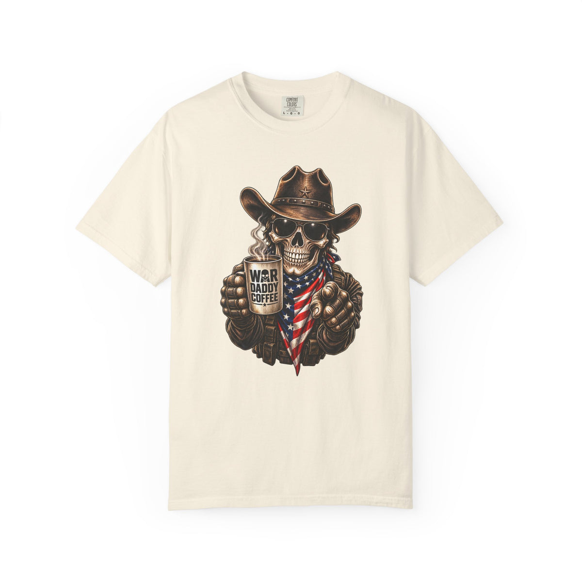 Skull Cowboy T-Shirt — "War, Baby & Coffee" American Flag Graphic