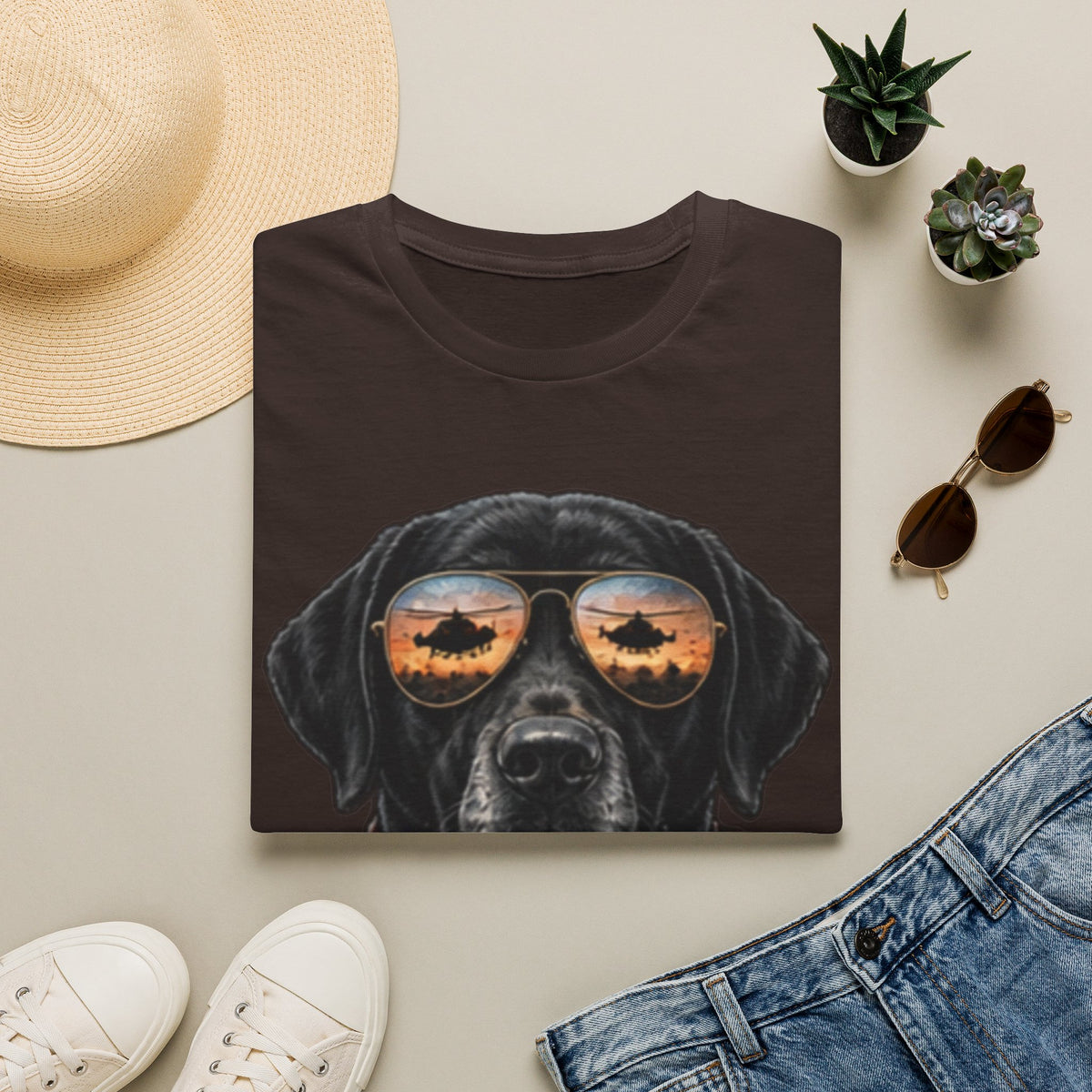 Black Labrador T-Shirt — Coffee & Sunset Sunglasses Dog Tee