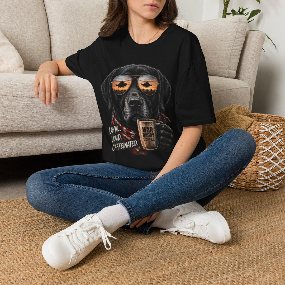 Black Labrador T-Shirt — Coffee & Sunset Sunglasses Dog Tee