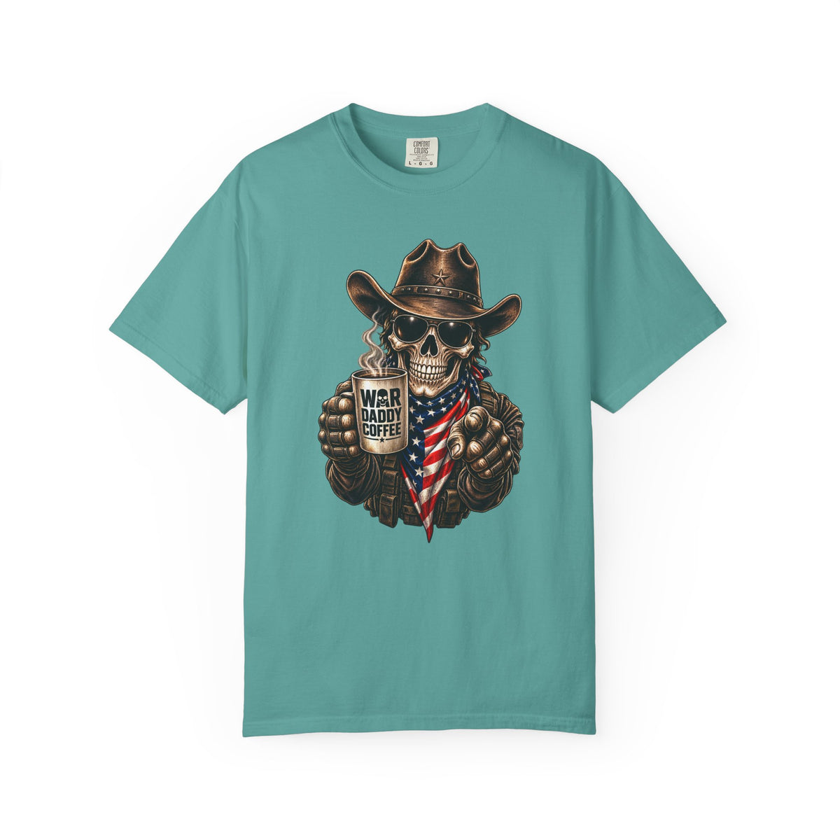 Skull Cowboy T-Shirt — "War, Baby & Coffee" American Flag Graphic
