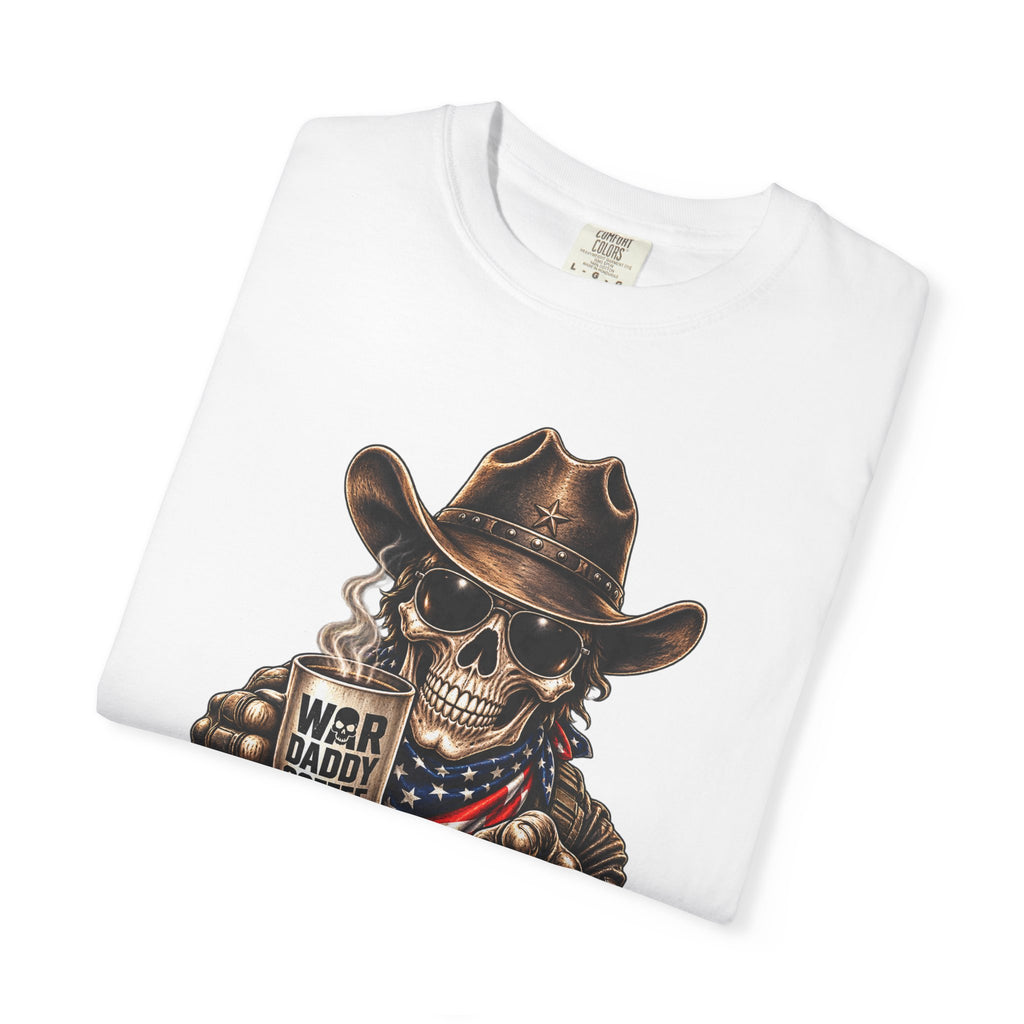 Skull Cowboy T-Shirt — "War, Baby & Coffee" American Flag Graphic