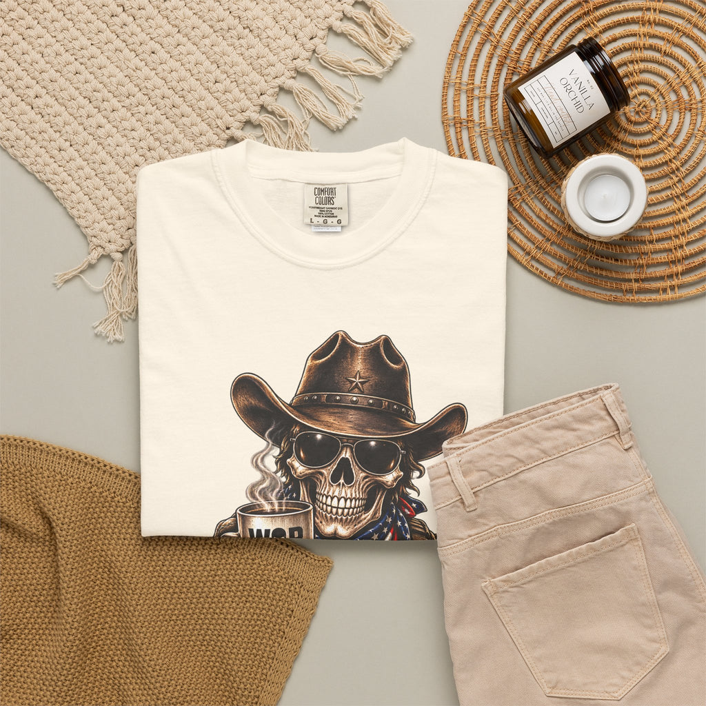 Skull Cowboy T-Shirt — "War, Baby & Coffee" American Flag Graphic