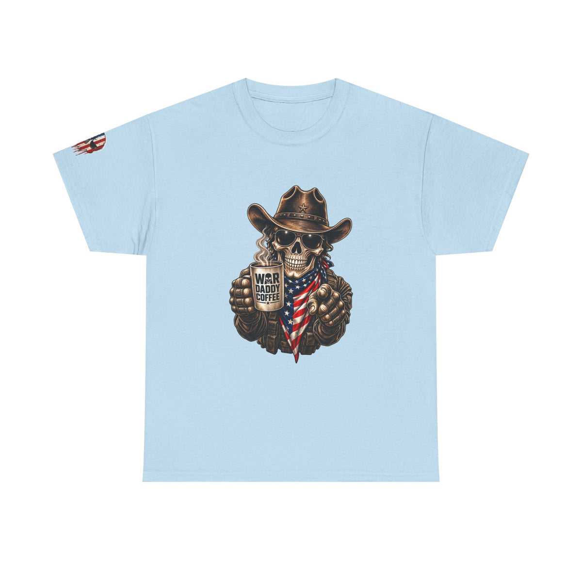 Patriotic Cowboy Skull T-Shirt — "Warrior Coffee" Graphic Tee