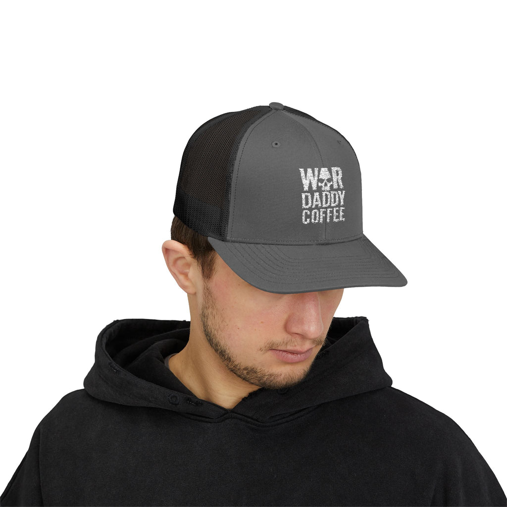 War, Daddy, Coffee Trucker Hat - Vintage Military Skull Snapback Cap