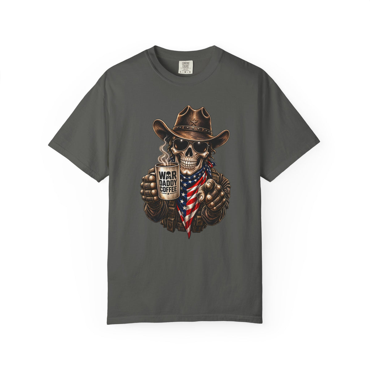 Skull Cowboy T-Shirt — "War, Baby & Coffee" American Flag Graphic