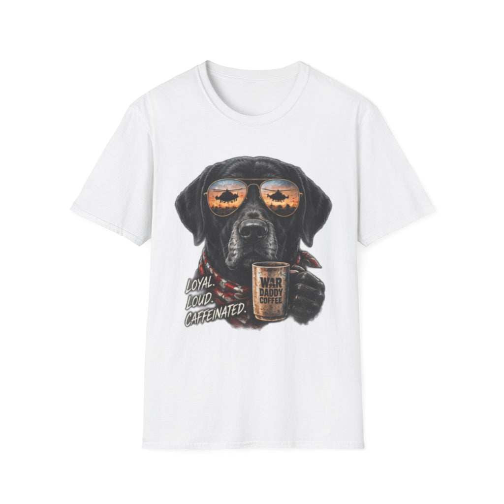 Black Labrador T-Shirt — Coffee & Sunset Sunglasses Dog Tee