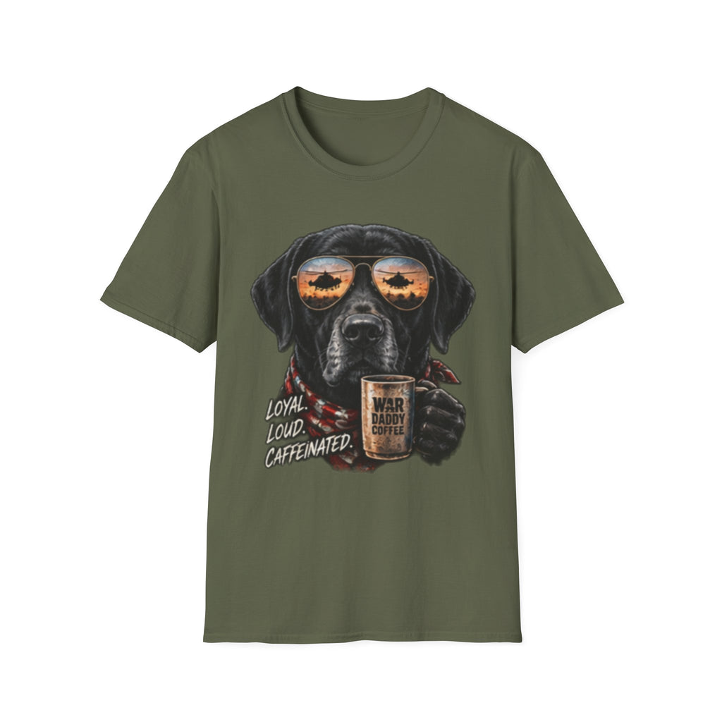 Black Labrador T-Shirt — Coffee & Sunset Sunglasses Dog Tee