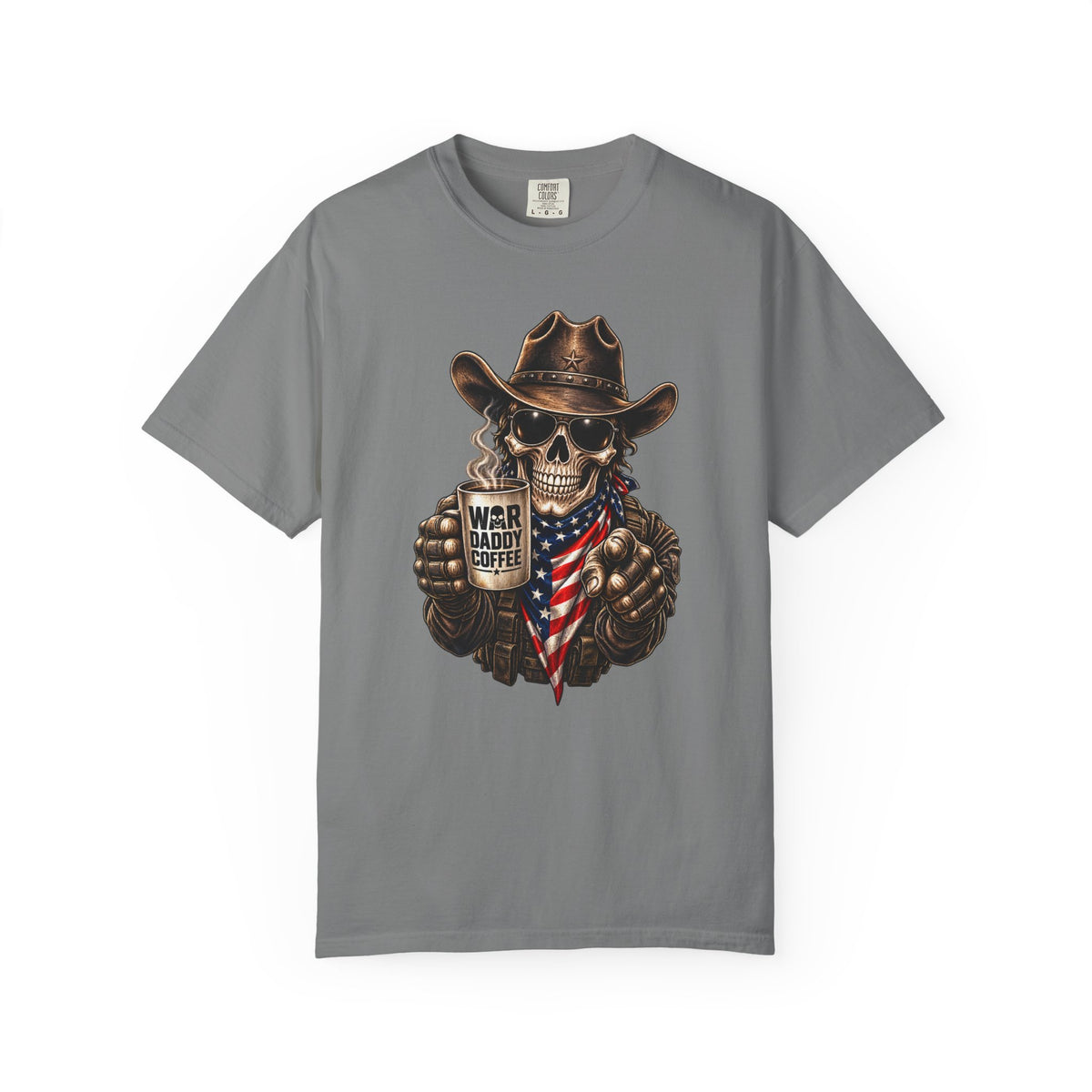 Skull Cowboy T-Shirt — "War, Baby & Coffee" American Flag Graphic