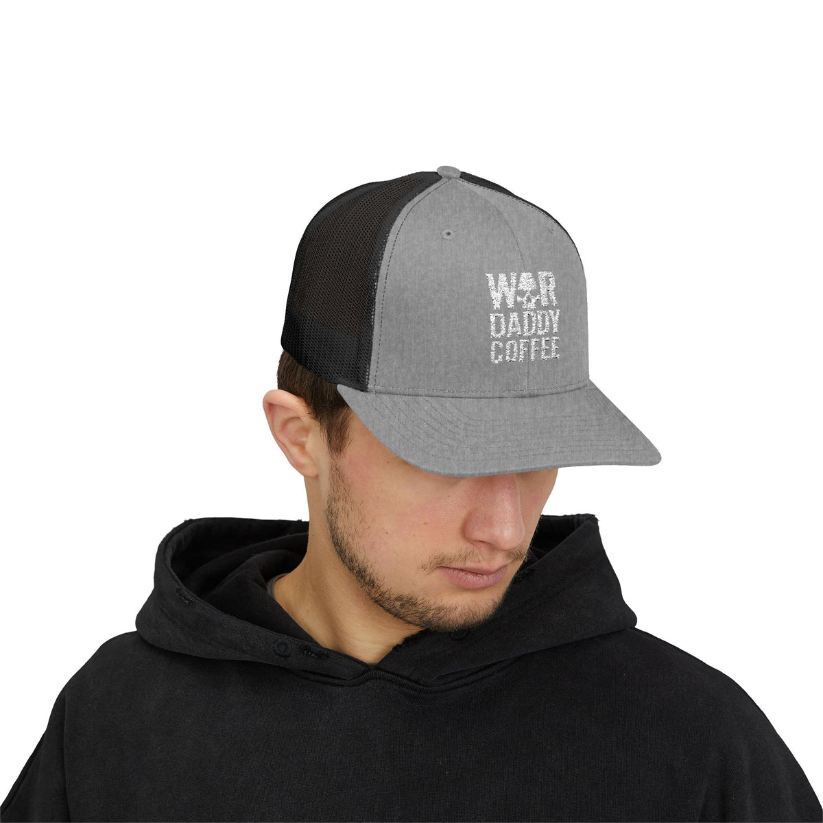 War, Daddy, Coffee Trucker Hat - Vintage Military Skull Snapback Cap