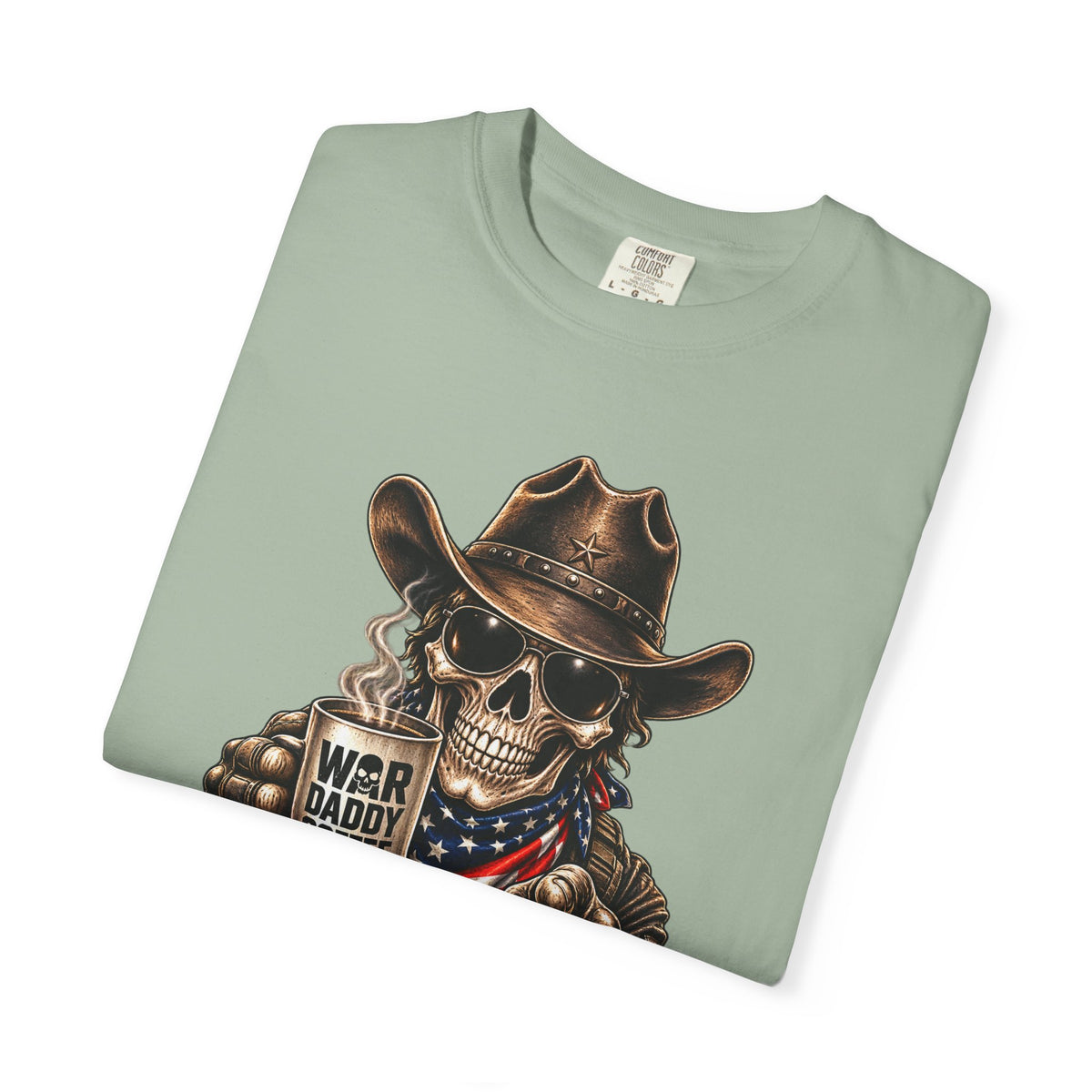 Skull Cowboy T-Shirt — "War, Baby & Coffee" American Flag Graphic