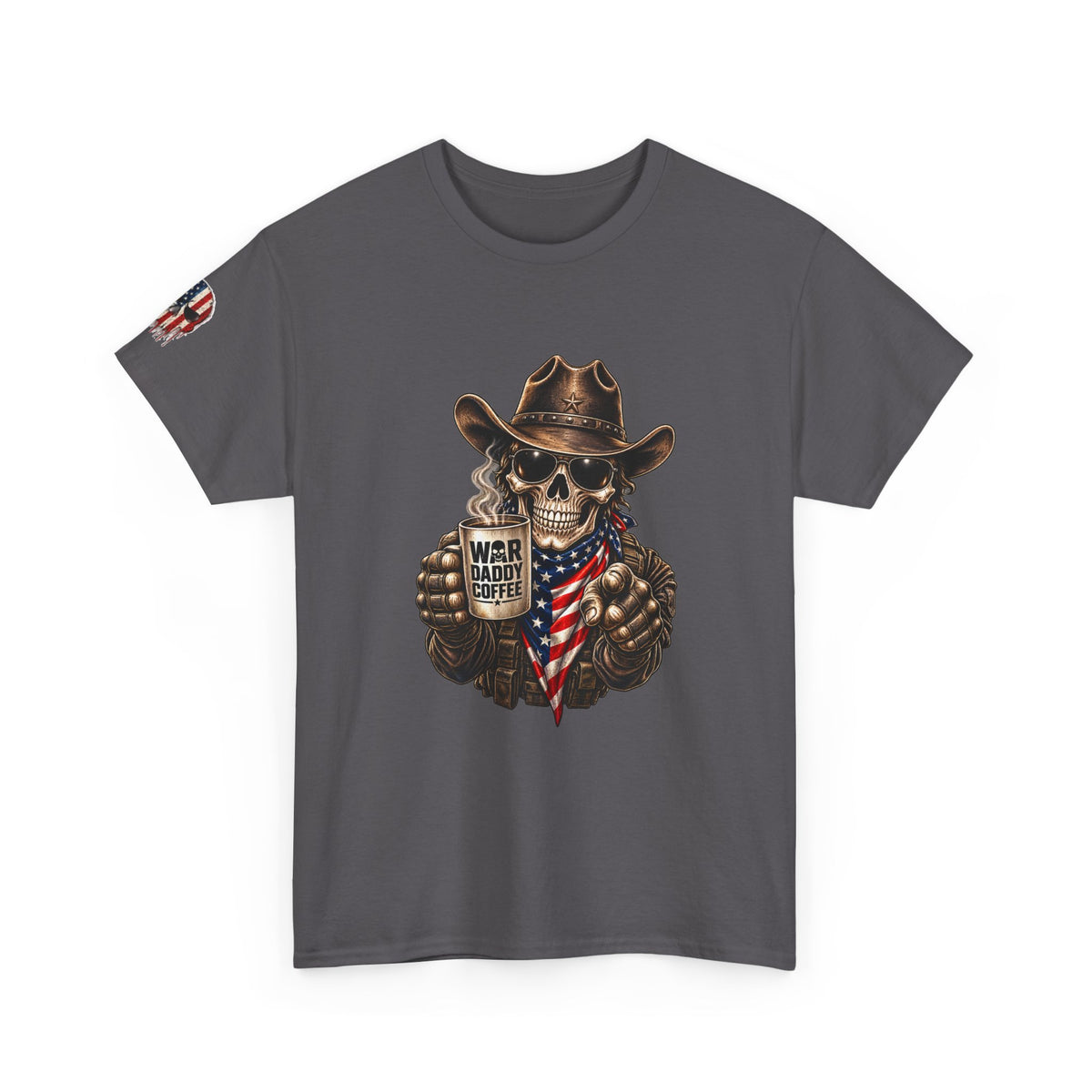 Patriotic Cowboy Skull T-Shirt — "Warrior Coffee" Graphic Tee