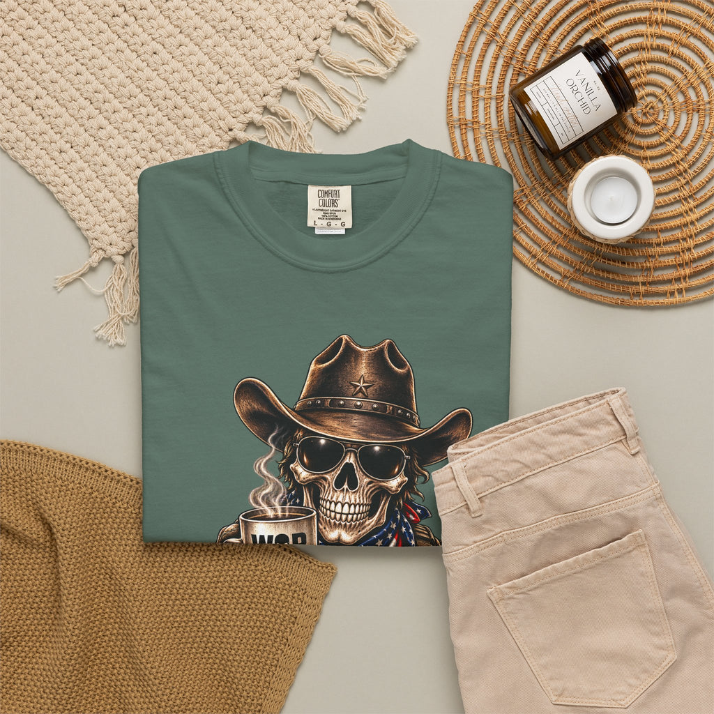 Skull Cowboy T-Shirt — "War, Baby & Coffee" American Flag Graphic