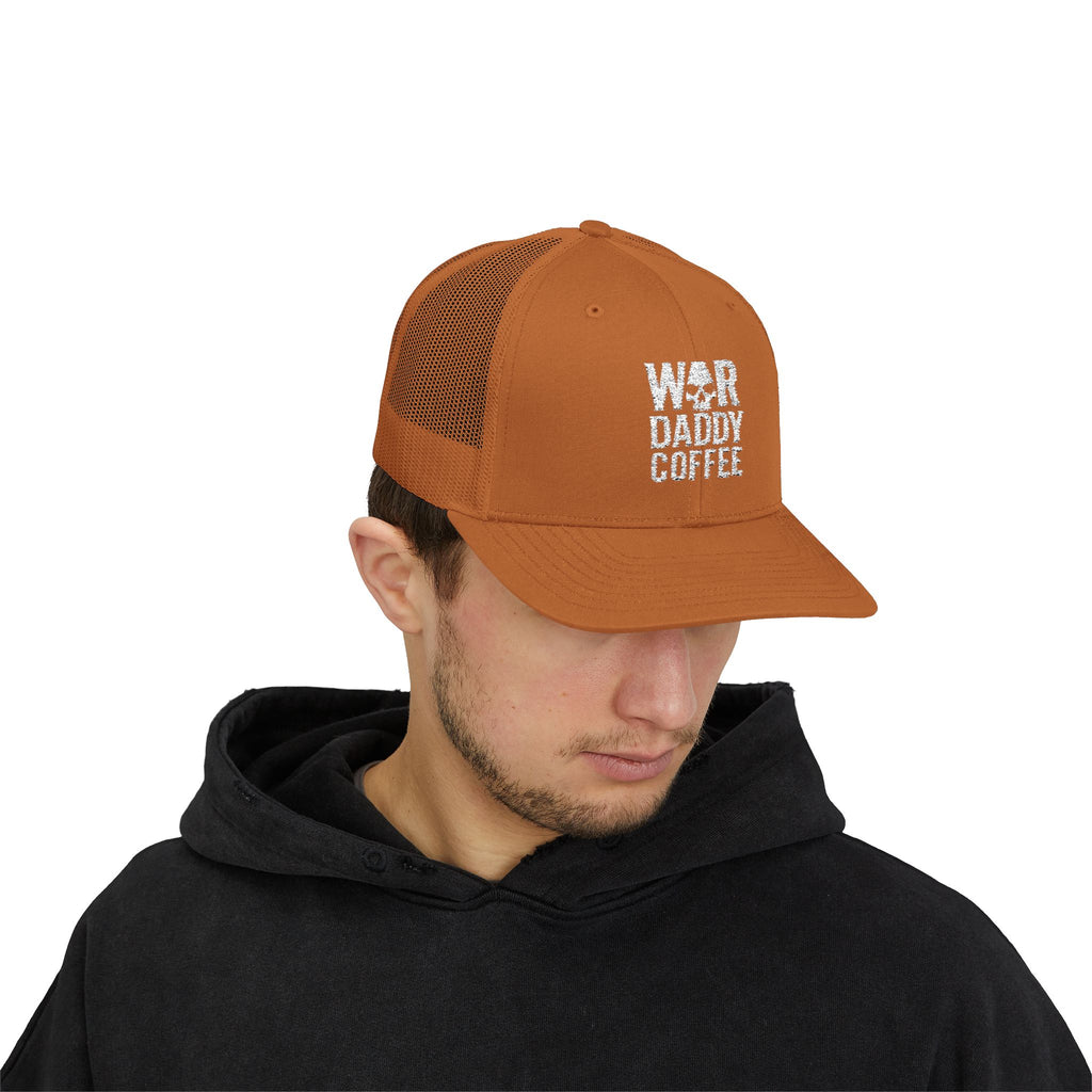 War, Daddy, Coffee Trucker Hat - Vintage Military Skull Snapback Cap