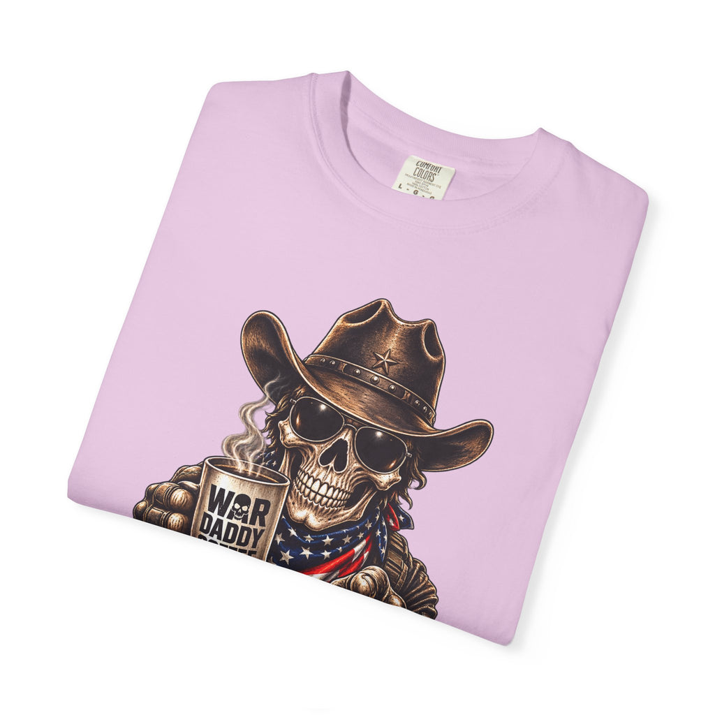 Skull Cowboy T-Shirt — "War, Baby & Coffee" American Flag Graphic