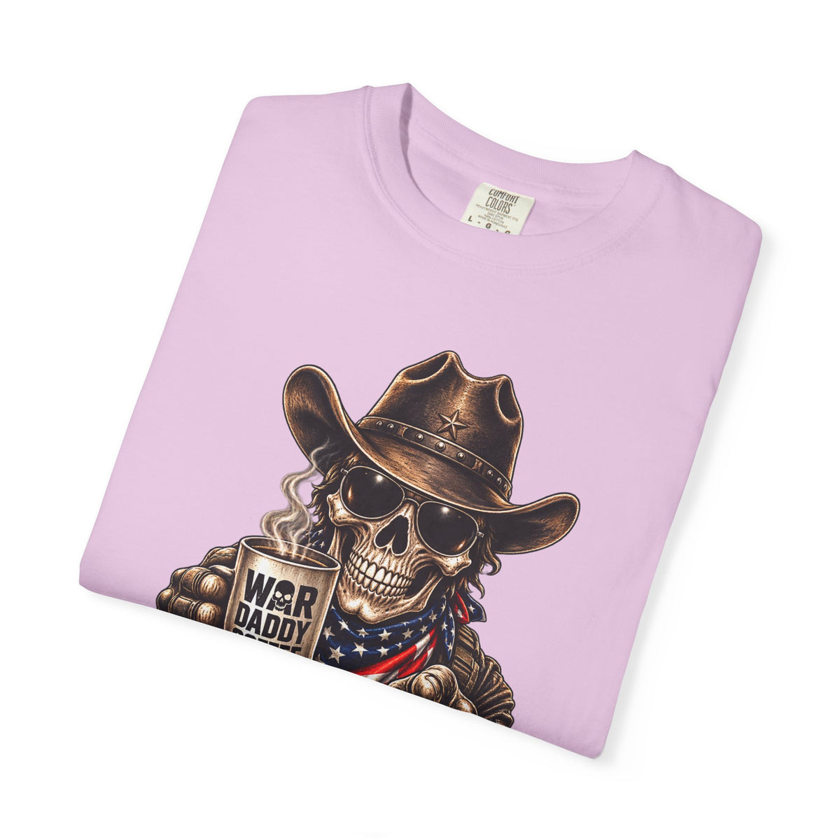 Skull Cowboy T-Shirt — "War, Baby & Coffee" American Flag Graphic