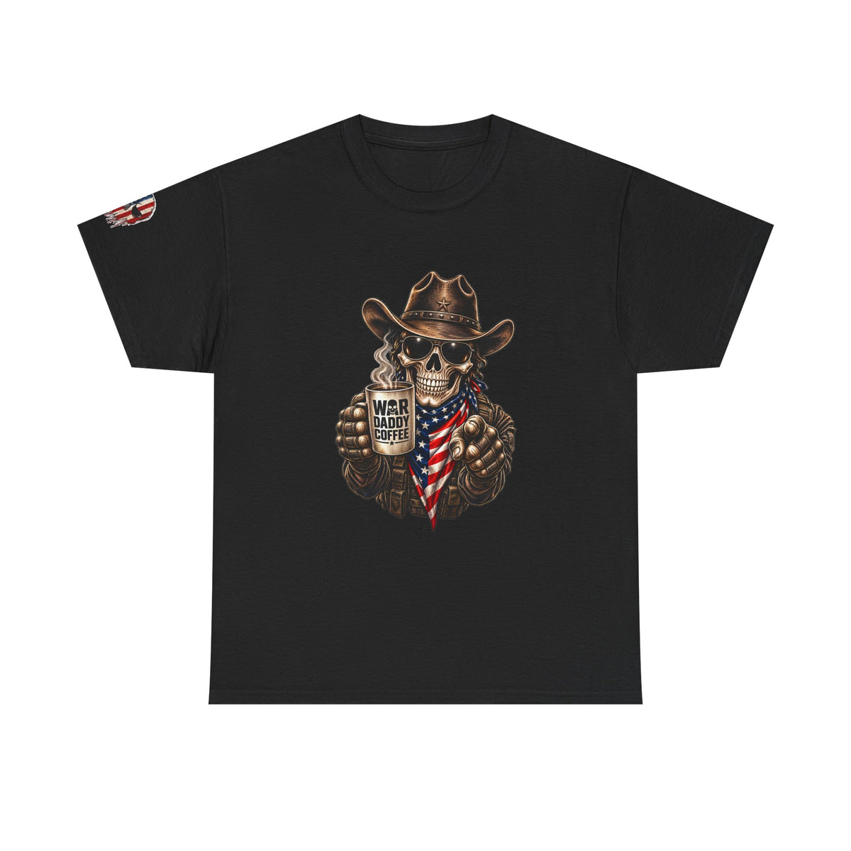 Patriotic Cowboy Skull T-Shirt — "Warrior Coffee" Graphic Tee