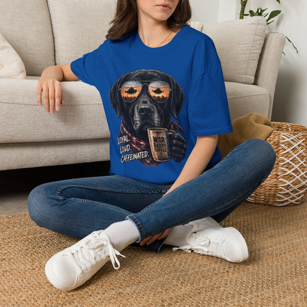 Black Labrador T-Shirt — Coffee & Sunset Sunglasses Dog Tee