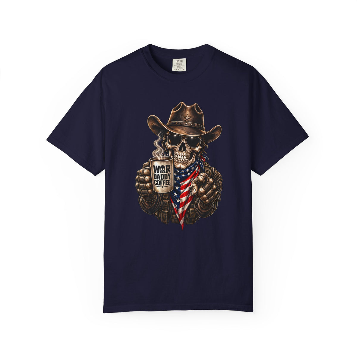 Skull Cowboy T-Shirt — "War, Baby & Coffee" American Flag Graphic