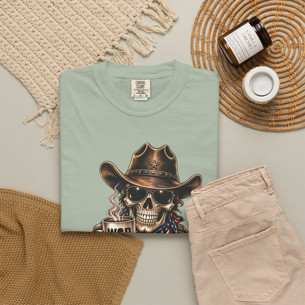 Skull Cowboy T-Shirt — "War, Baby & Coffee" American Flag Graphic