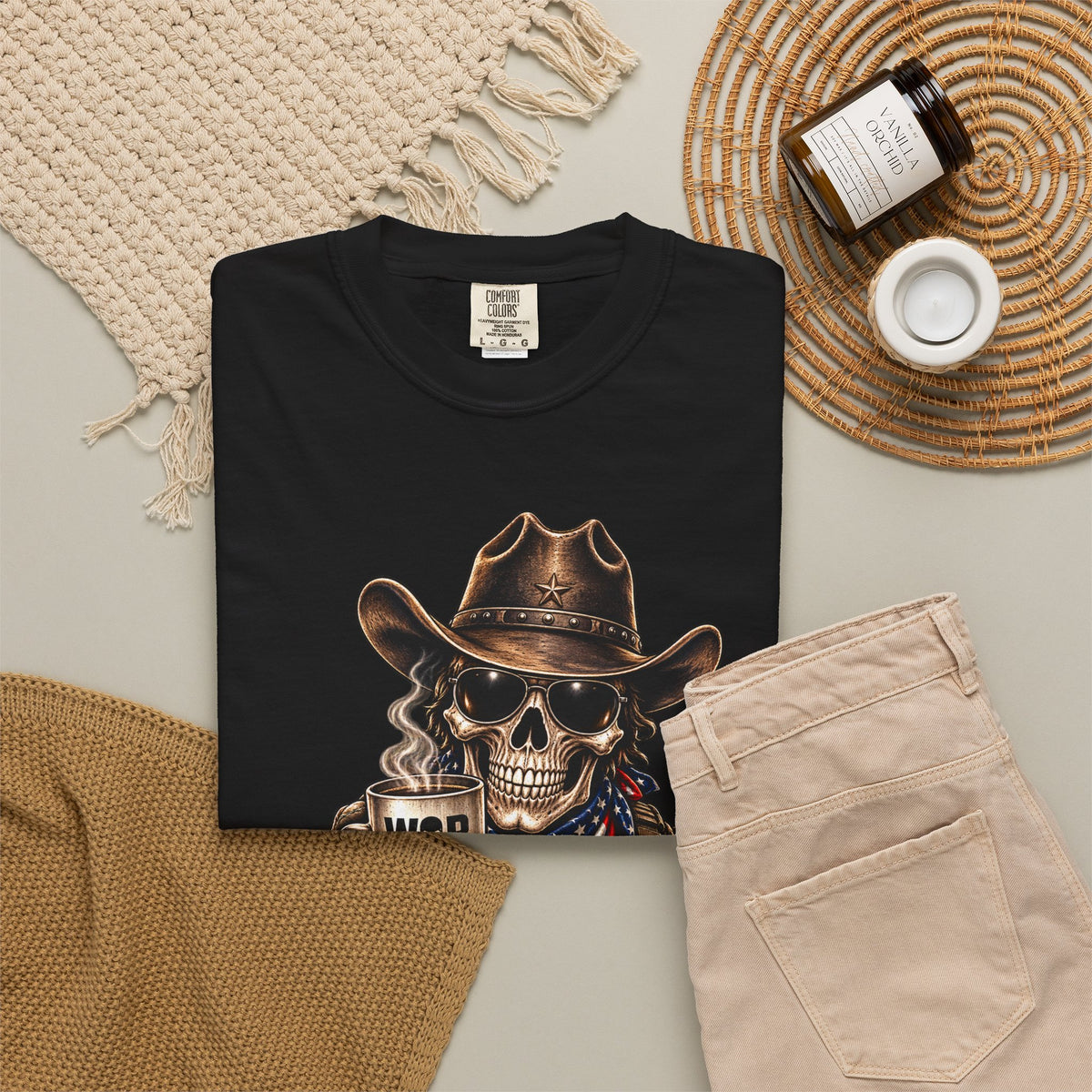 Skull Cowboy T-Shirt — "War, Baby & Coffee" American Flag Graphic