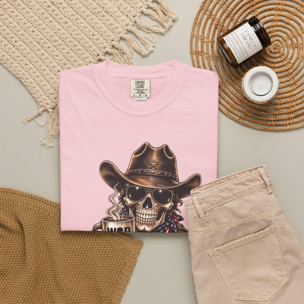 Skull Cowboy T-Shirt — "War, Baby & Coffee" American Flag Graphic