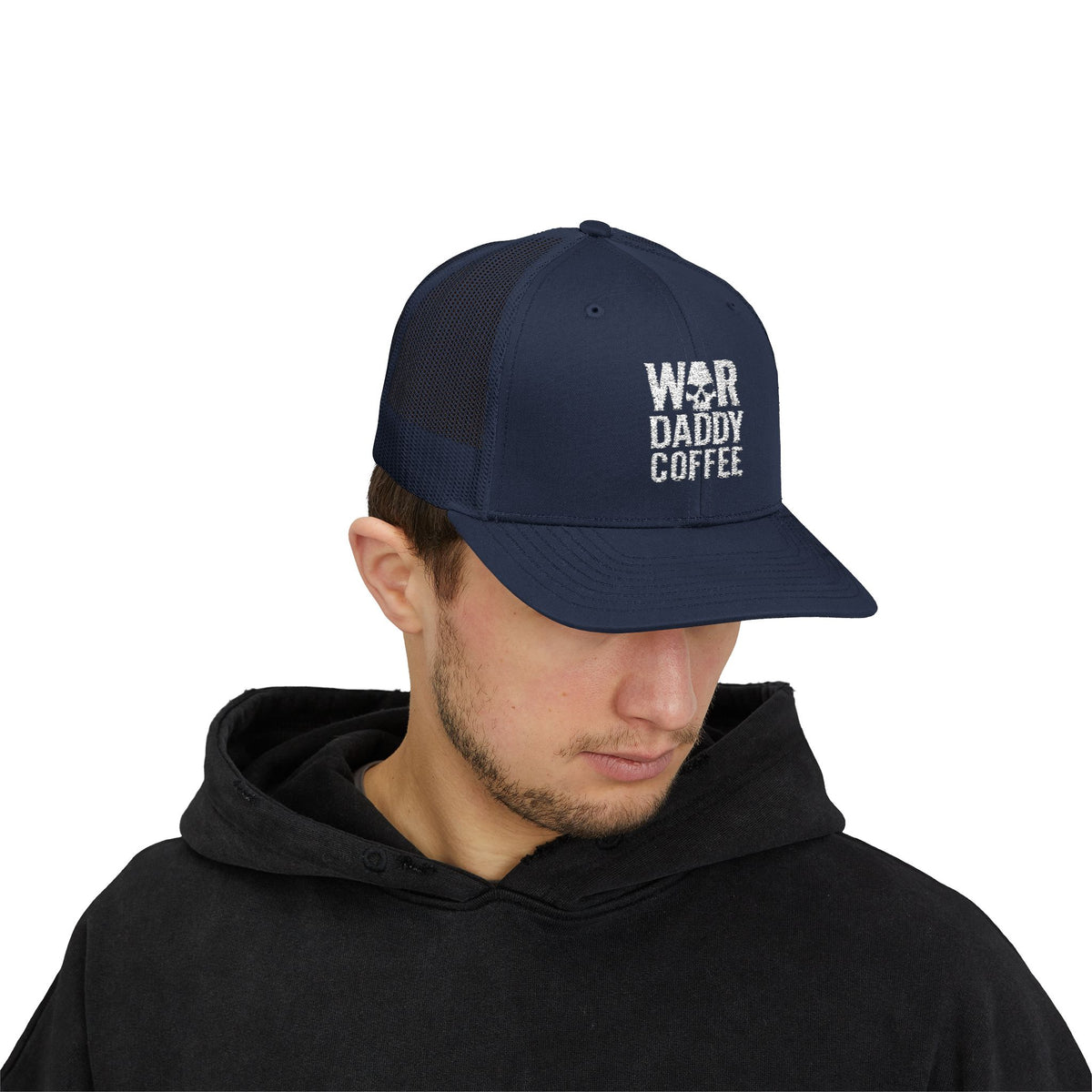 War, Daddy, Coffee Trucker Hat - Vintage Military Skull Snapback Cap