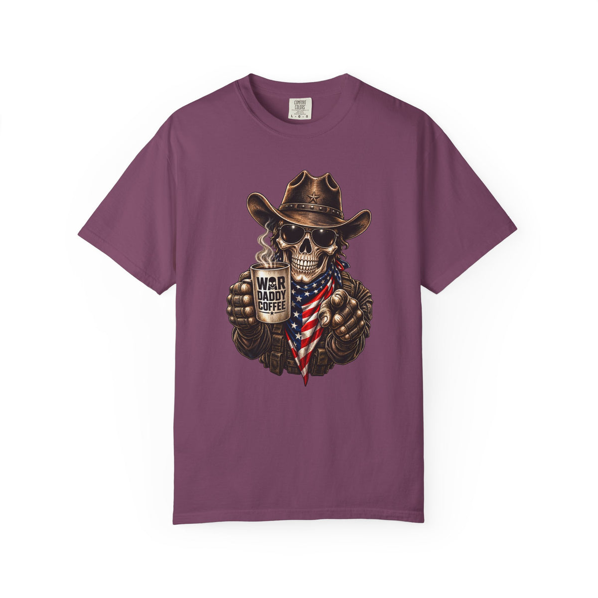 Skull Cowboy T-Shirt — "War, Baby & Coffee" American Flag Graphic