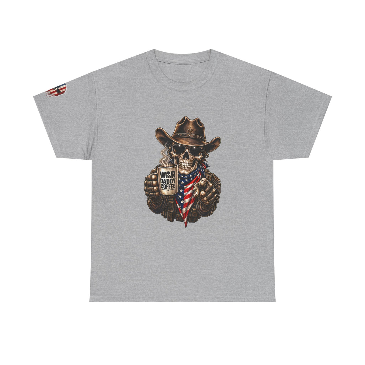 Patriotic Cowboy Skull T-Shirt — "Warrior Coffee" Graphic Tee