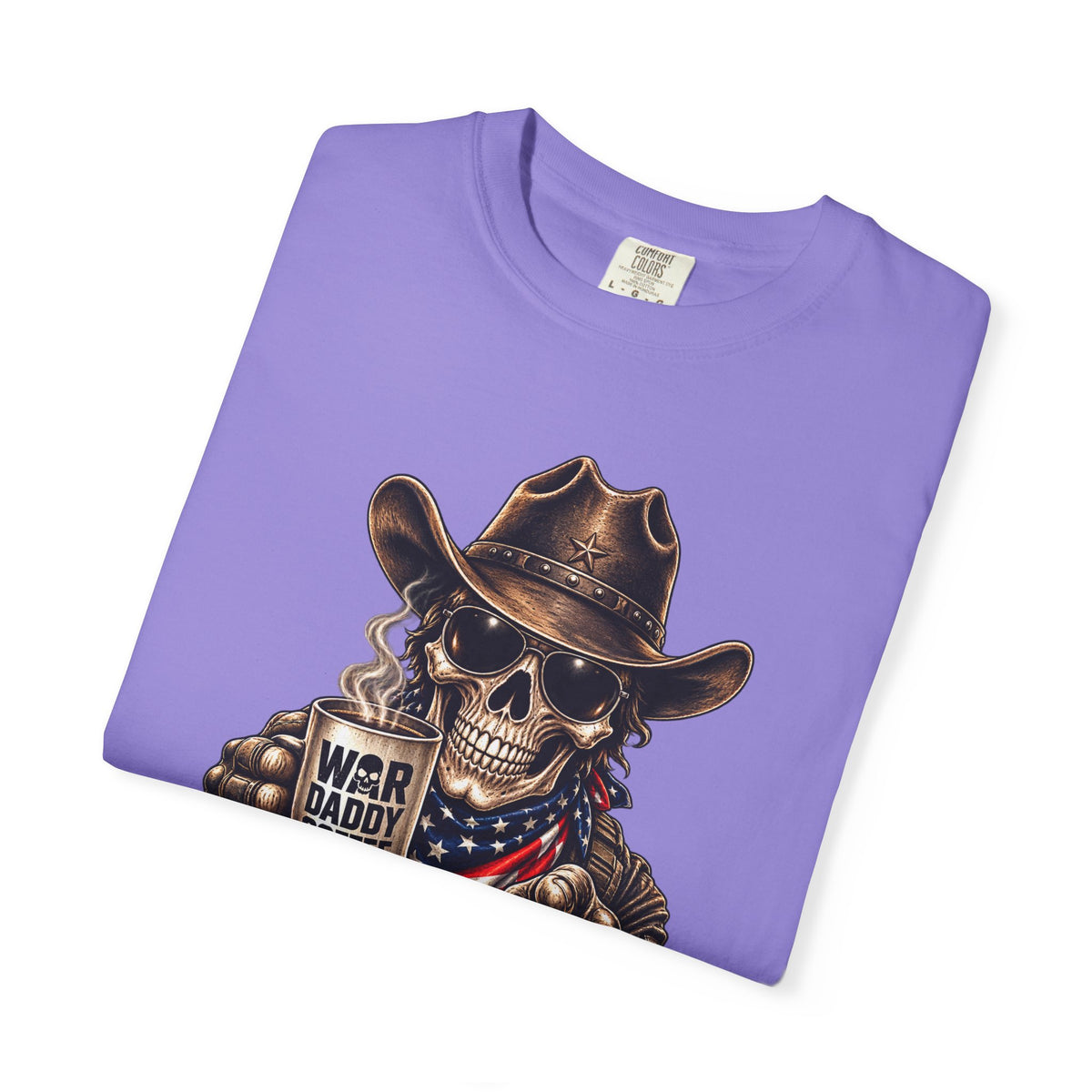 Skull Cowboy T-Shirt — "War, Baby & Coffee" American Flag Graphic