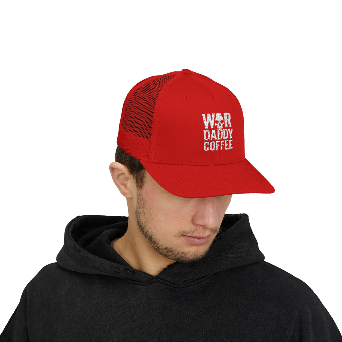 War, Daddy, Coffee Trucker Hat - Vintage Military Skull Snapback Cap