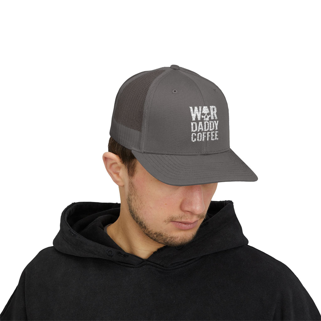 War, Daddy, Coffee Trucker Hat - Vintage Military Skull Snapback Cap