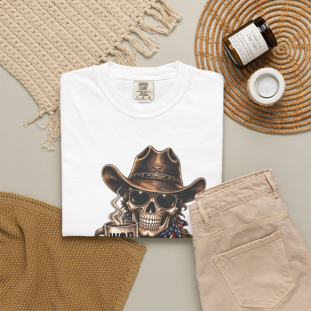 Skull Cowboy T-Shirt — "War, Baby & Coffee" American Flag Graphic