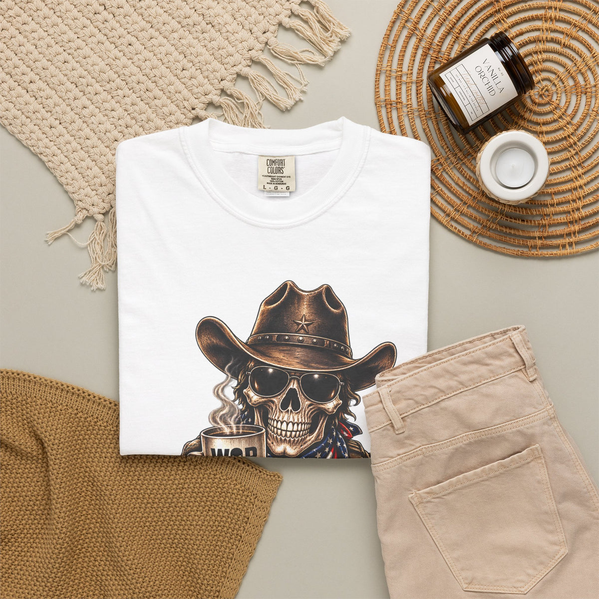 Skull Cowboy T-Shirt — "War, Baby & Coffee" American Flag Graphic