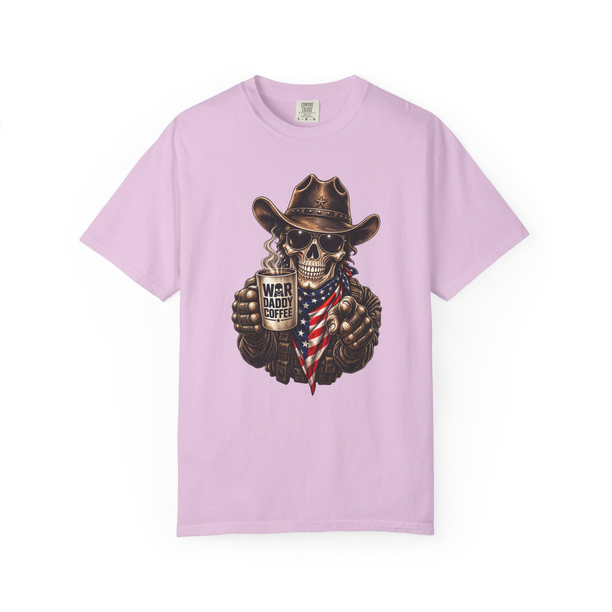 Skull Cowboy T-Shirt — "War, Baby & Coffee" American Flag Graphic